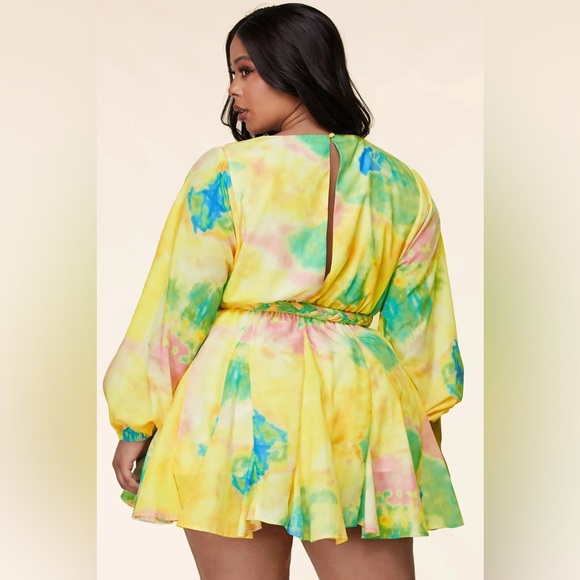 NWT PuteriaXO Plus Size Plunge Tie Dye Mini Dress with Braided Rope Belt - Picture 4 of 13